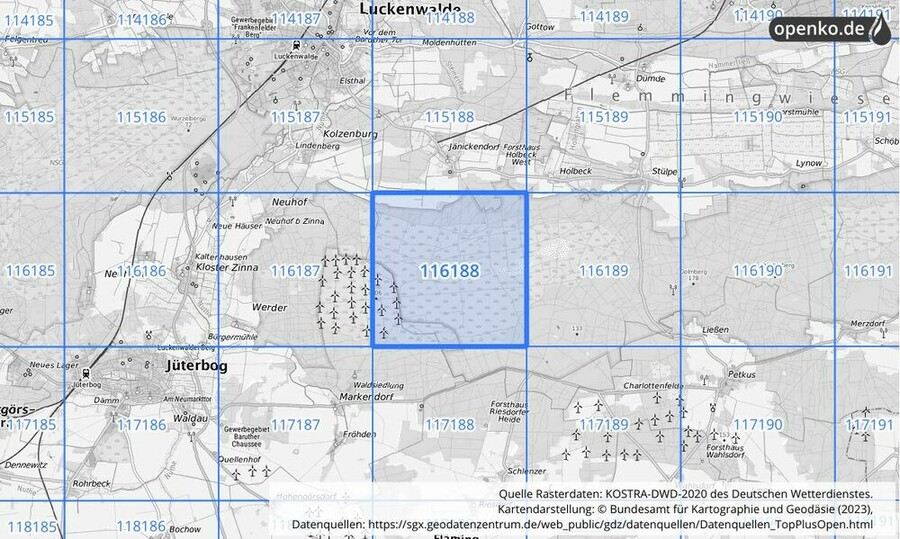 Übersichtskarte des KOSTRA-DWD-2020-Rasterfeldes Nr. 116188