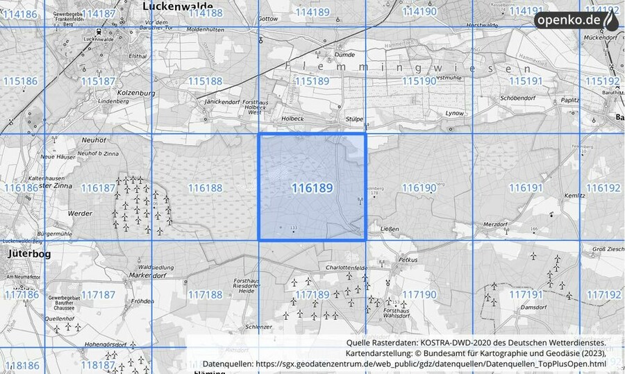 Übersichtskarte des KOSTRA-DWD-2020-Rasterfeldes Nr. 116189