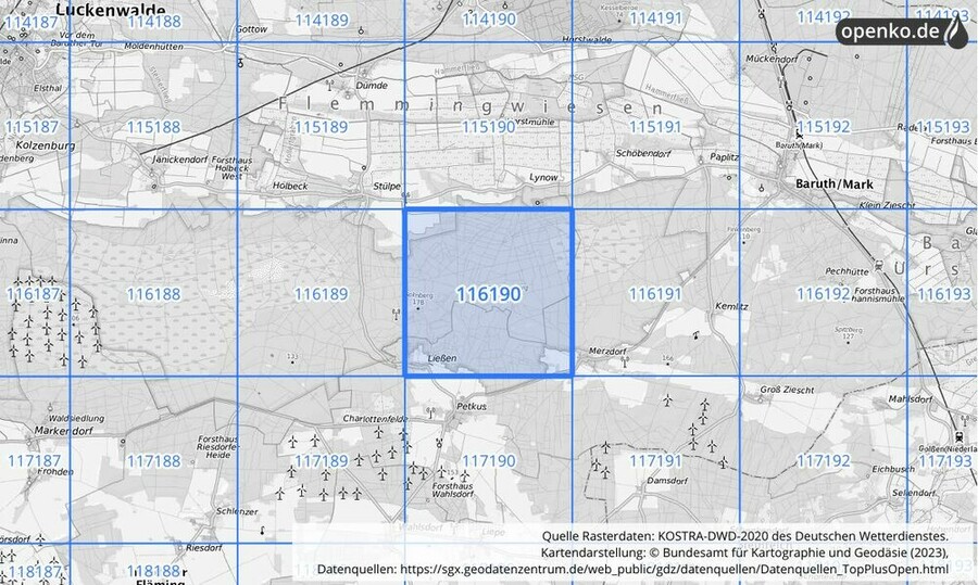 Übersichtskarte des KOSTRA-DWD-2020-Rasterfeldes Nr. 116190