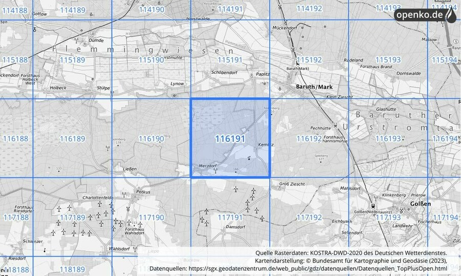 Übersichtskarte des KOSTRA-DWD-2020-Rasterfeldes Nr. 116191