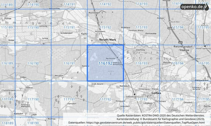 Übersichtskarte des KOSTRA-DWD-2020-Rasterfeldes Nr. 116192