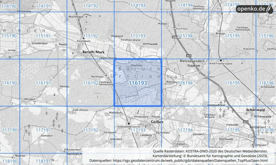 Übersichtskarte des KOSTRA-DWD-2020-Rasterfeldes Nr. 116193