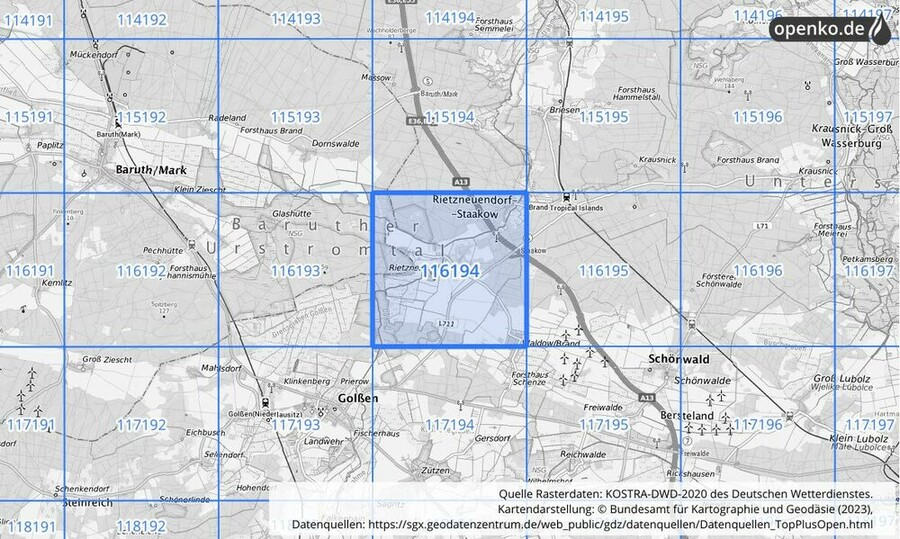 Übersichtskarte des KOSTRA-DWD-2020-Rasterfeldes Nr. 116194