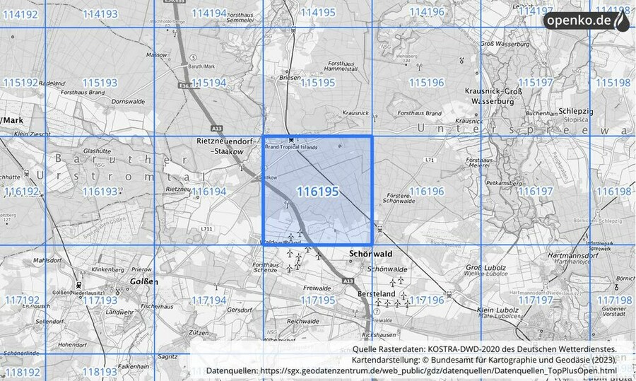 Übersichtskarte des KOSTRA-DWD-2020-Rasterfeldes Nr. 116195