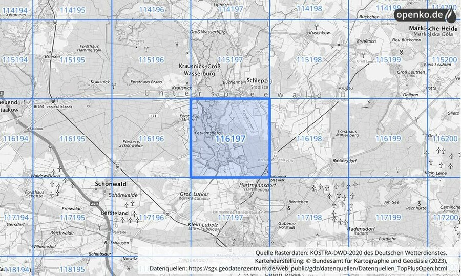 Übersichtskarte des KOSTRA-DWD-2020-Rasterfeldes Nr. 116197