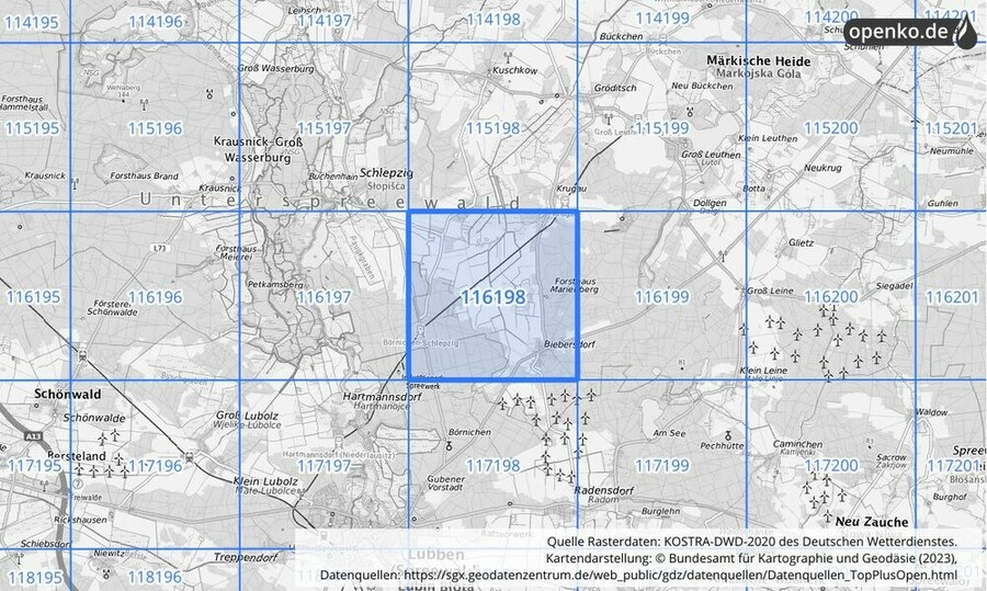 Übersichtskarte des KOSTRA-DWD-2020-Rasterfeldes Nr. 116198