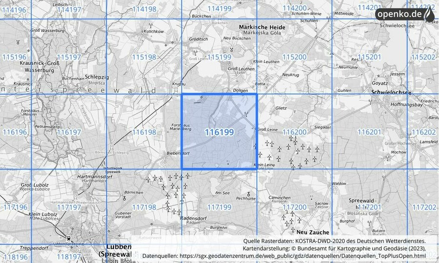 Übersichtskarte des KOSTRA-DWD-2020-Rasterfeldes Nr. 116199