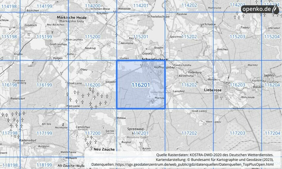 Übersichtskarte des KOSTRA-DWD-2020-Rasterfeldes Nr. 116201