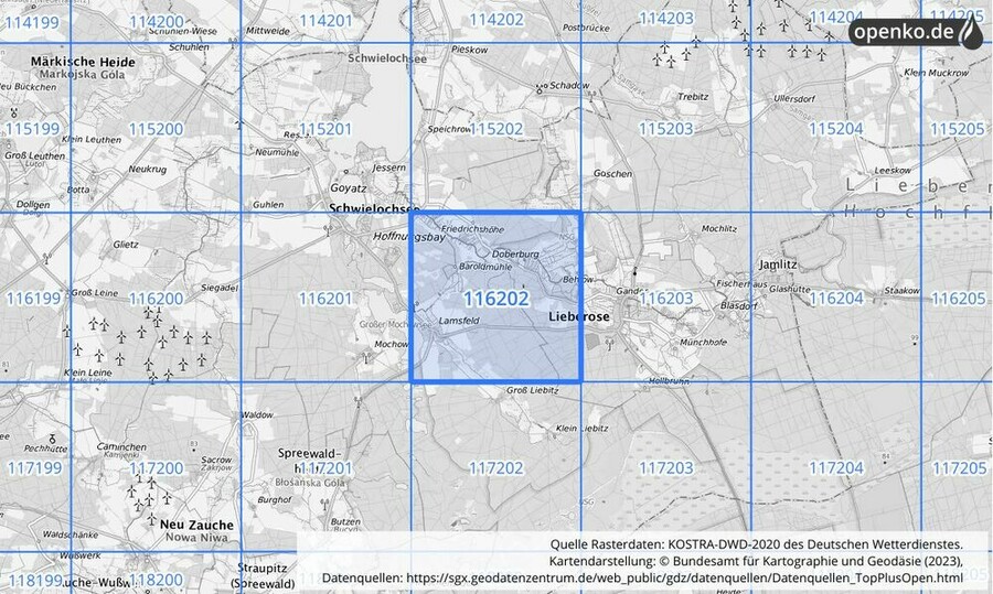 Übersichtskarte des KOSTRA-DWD-2020-Rasterfeldes Nr. 116202