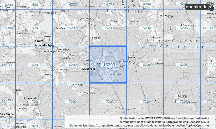 Übersichtskarte des KOSTRA-DWD-2020-Rasterfeldes Nr. 116203