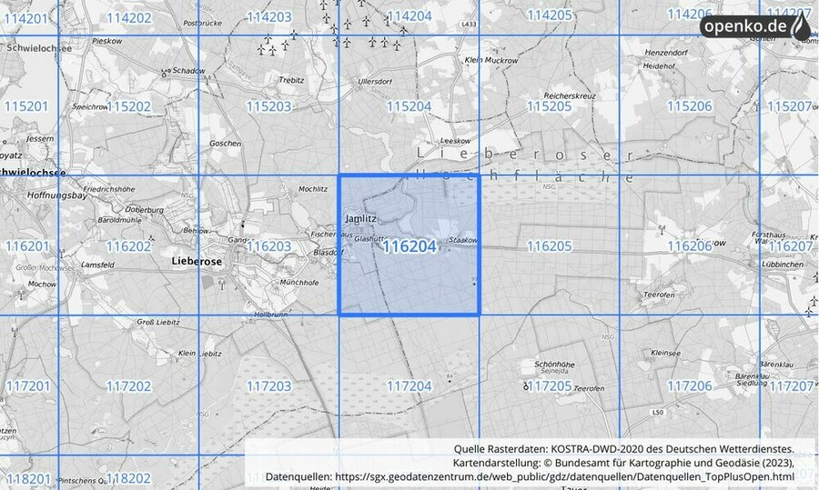 Übersichtskarte des KOSTRA-DWD-2020-Rasterfeldes Nr. 116204