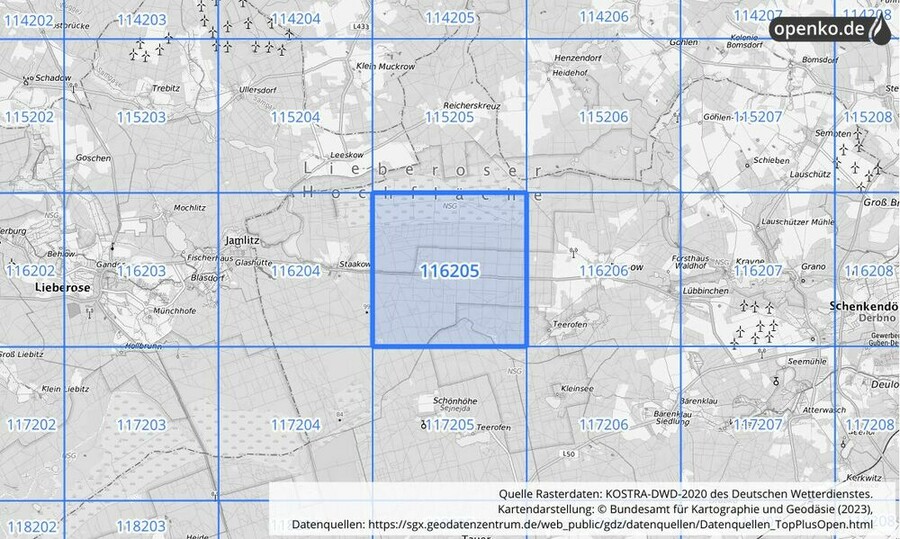 Übersichtskarte des KOSTRA-DWD-2020-Rasterfeldes Nr. 116205