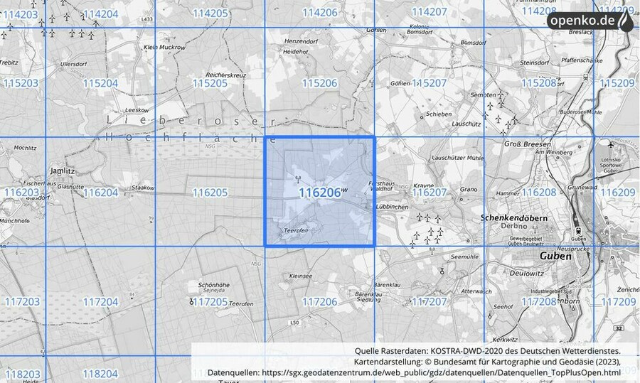 Übersichtskarte des KOSTRA-DWD-2020-Rasterfeldes Nr. 116206