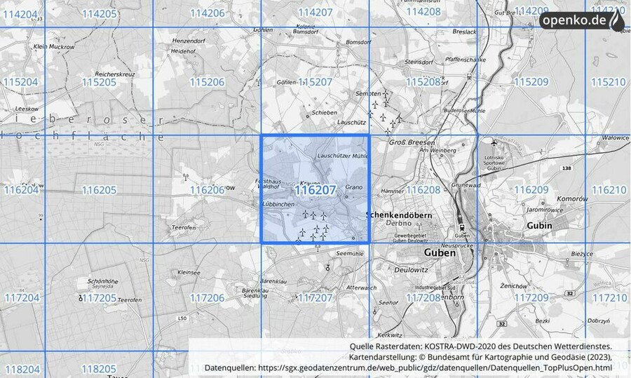 Übersichtskarte des KOSTRA-DWD-2020-Rasterfeldes Nr. 116207