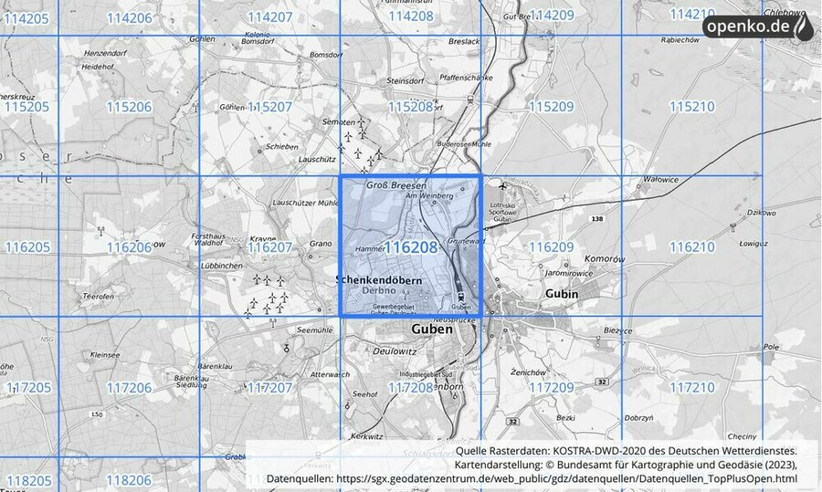 Übersichtskarte des KOSTRA-DWD-2020-Rasterfeldes Nr. 116208