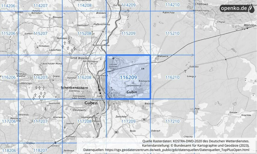 Übersichtskarte des KOSTRA-DWD-2020-Rasterfeldes Nr. 116209