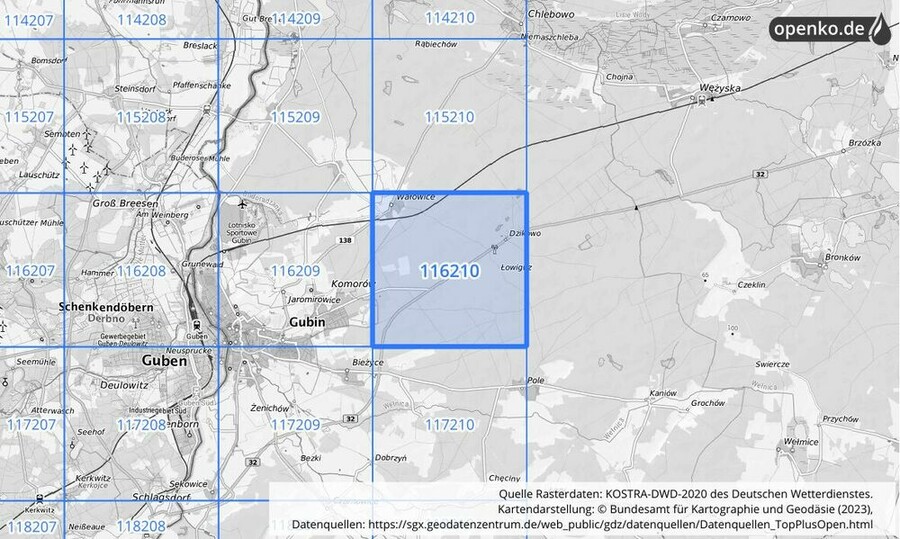 Übersichtskarte des KOSTRA-DWD-2020-Rasterfeldes Nr. 116210