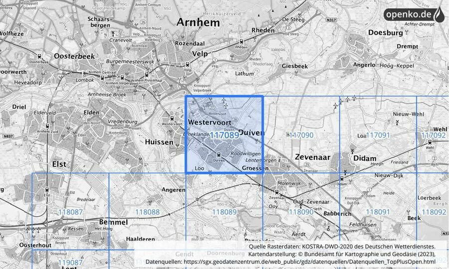 Übersichtskarte des KOSTRA-DWD-2020-Rasterfeldes Nr. 117089