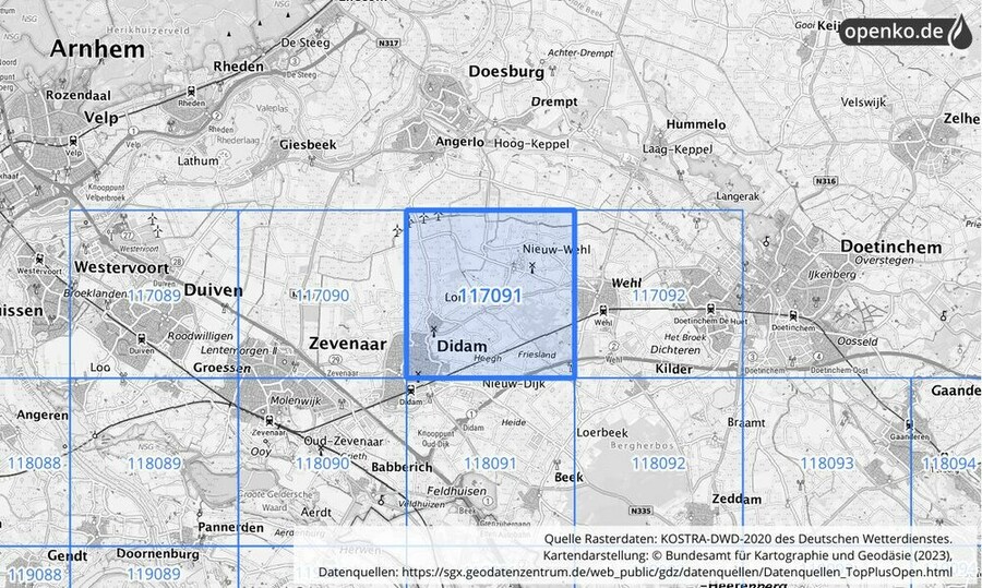 Übersichtskarte des KOSTRA-DWD-2020-Rasterfeldes Nr. 117091