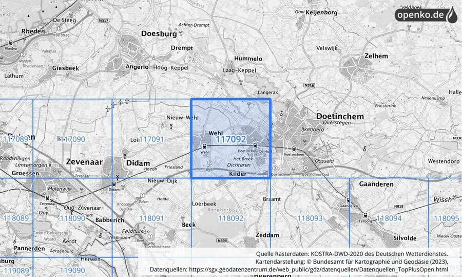 Übersichtskarte des KOSTRA-DWD-2020-Rasterfeldes Nr. 117092