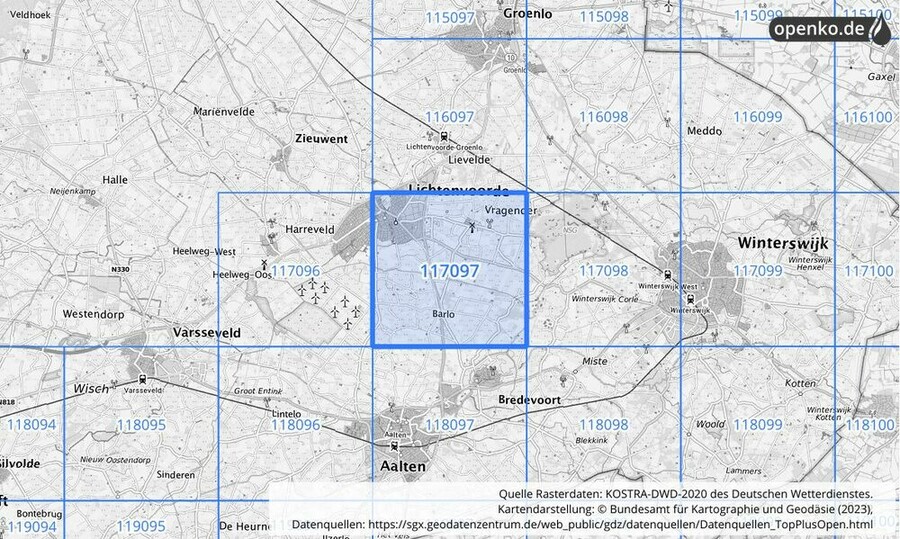 Übersichtskarte des KOSTRA-DWD-2020-Rasterfeldes Nr. 117097