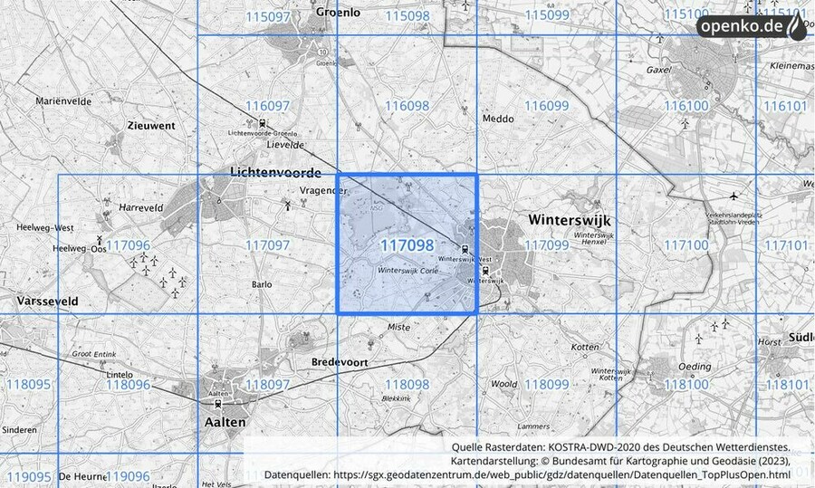 Übersichtskarte des KOSTRA-DWD-2020-Rasterfeldes Nr. 117098