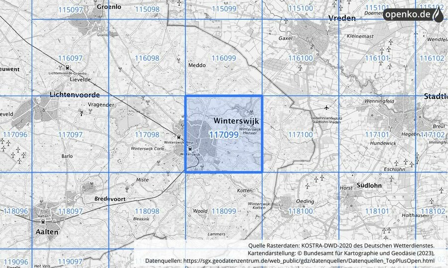 Übersichtskarte des KOSTRA-DWD-2020-Rasterfeldes Nr. 117099