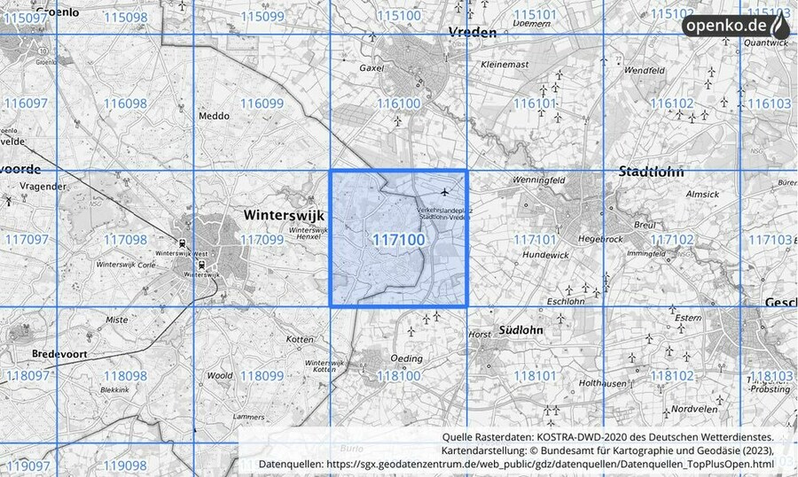 Übersichtskarte des KOSTRA-DWD-2020-Rasterfeldes Nr. 117100