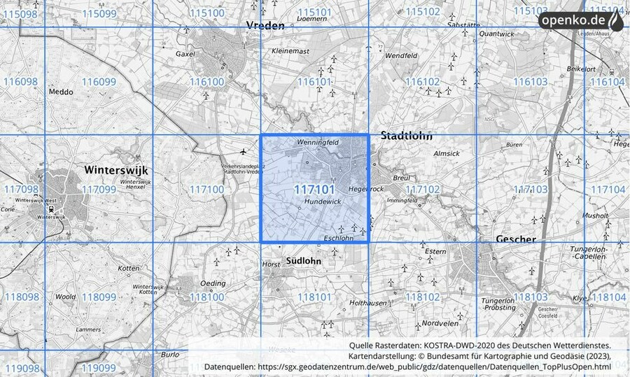 Übersichtskarte des KOSTRA-DWD-2020-Rasterfeldes Nr. 117101