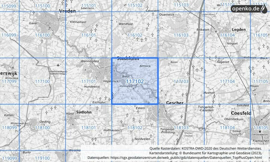 Übersichtskarte des KOSTRA-DWD-2020-Rasterfeldes Nr. 117102