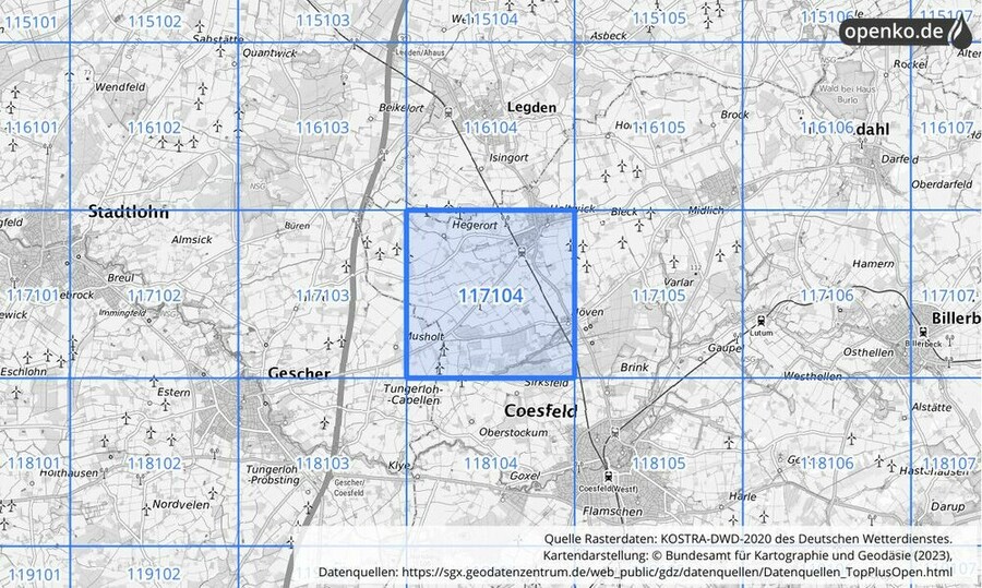 Übersichtskarte des KOSTRA-DWD-2020-Rasterfeldes Nr. 117104