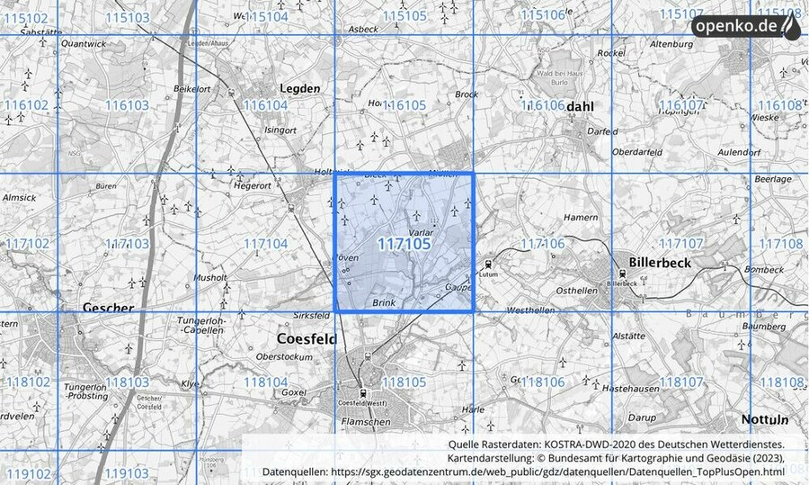 Übersichtskarte des KOSTRA-DWD-2020-Rasterfeldes Nr. 117105