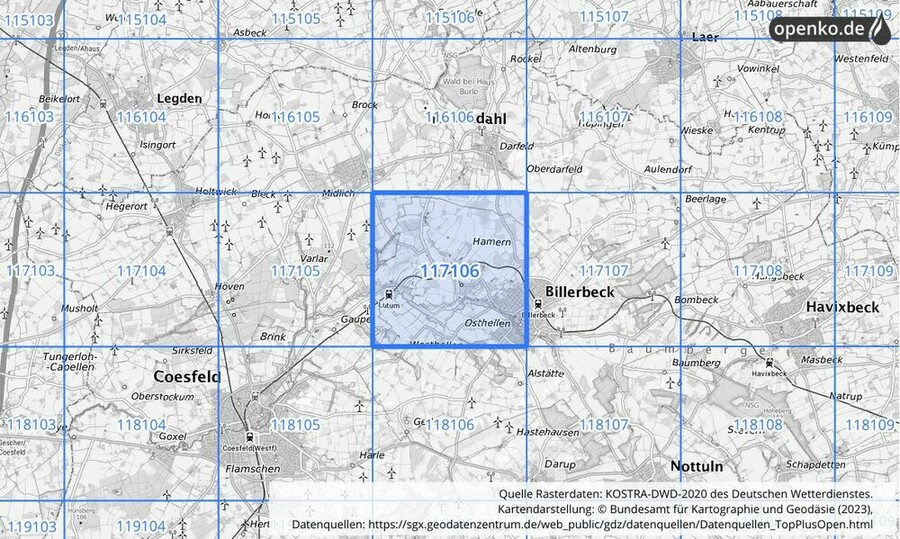 Übersichtskarte des KOSTRA-DWD-2020-Rasterfeldes Nr. 117106