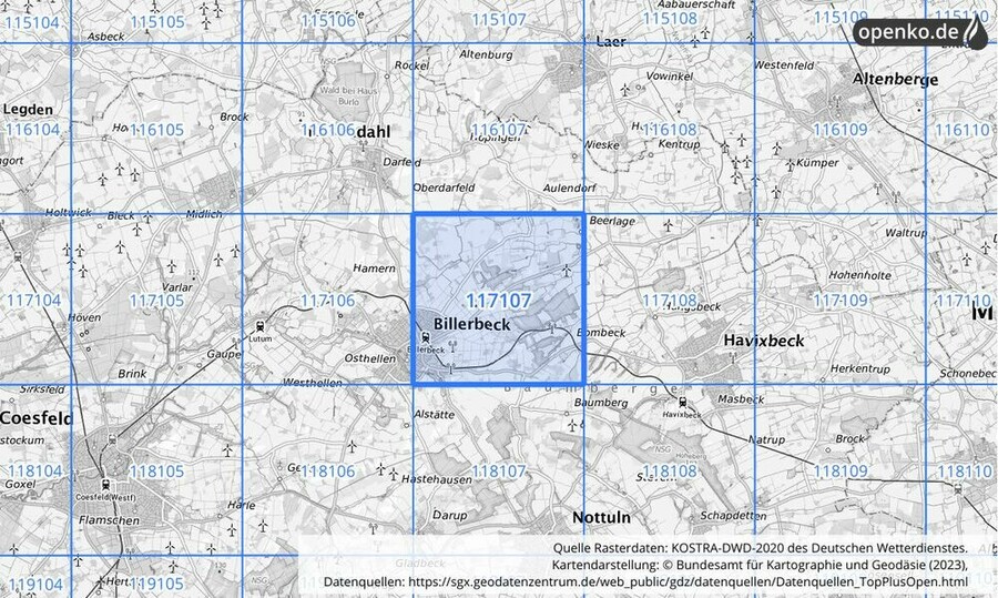 Übersichtskarte des KOSTRA-DWD-2020-Rasterfeldes Nr. 117107