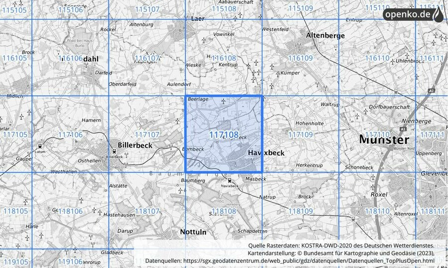 Übersichtskarte des KOSTRA-DWD-2020-Rasterfeldes Nr. 117108