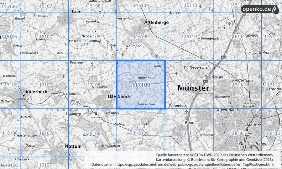 Übersichtskarte des KOSTRA-DWD-2020-Rasterfeldes Nr. 117109