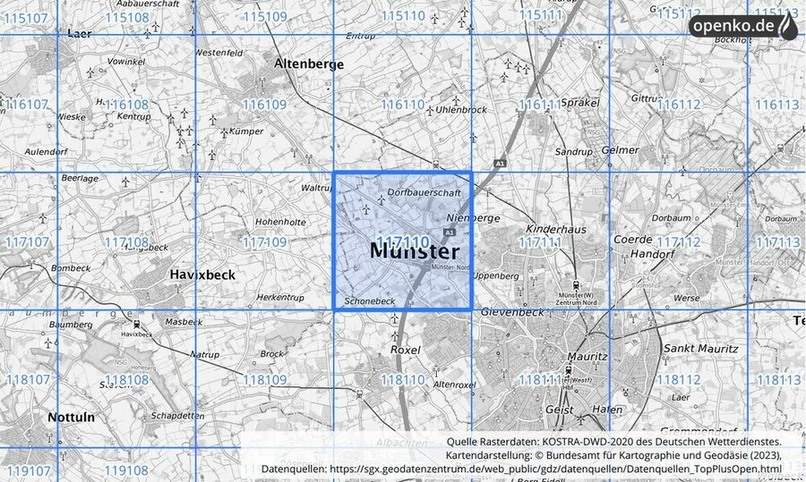 Übersichtskarte des KOSTRA-DWD-2020-Rasterfeldes Nr. 117110