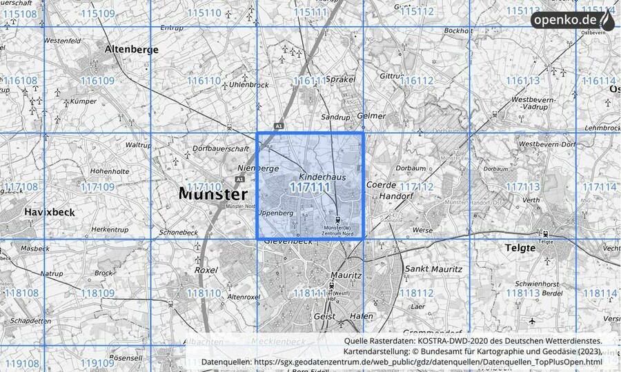 Übersichtskarte des KOSTRA-DWD-2020-Rasterfeldes Nr. 117111