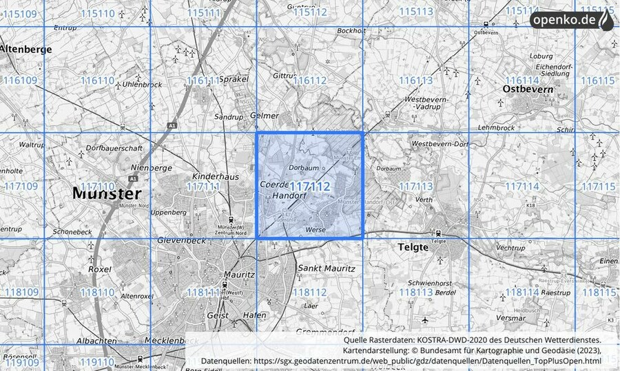 Übersichtskarte des KOSTRA-DWD-2020-Rasterfeldes Nr. 117112