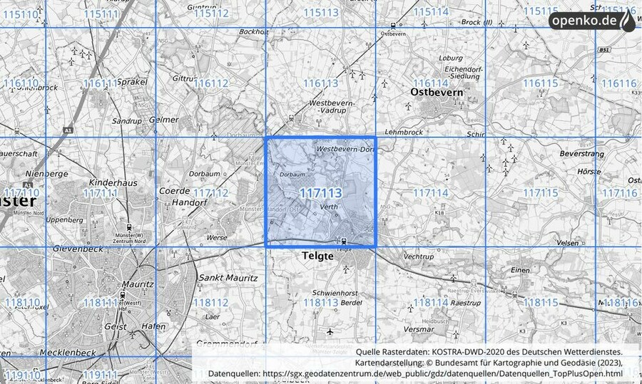 Übersichtskarte des KOSTRA-DWD-2020-Rasterfeldes Nr. 117113