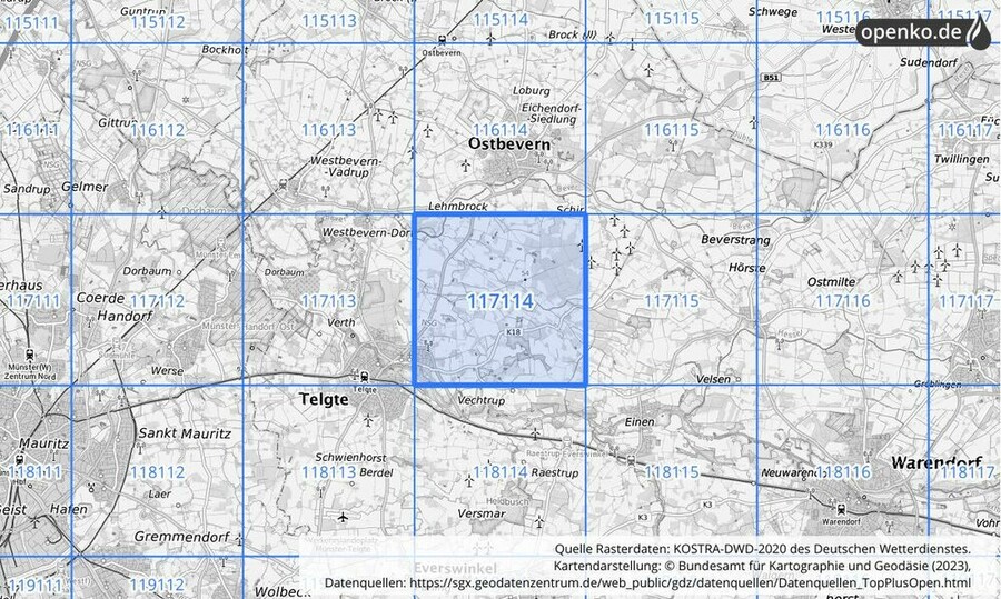 Übersichtskarte des KOSTRA-DWD-2020-Rasterfeldes Nr. 117114