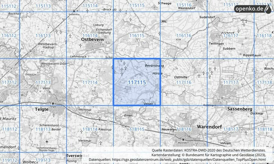 Übersichtskarte des KOSTRA-DWD-2020-Rasterfeldes Nr. 117115