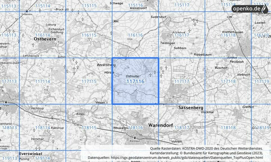 Übersichtskarte des KOSTRA-DWD-2020-Rasterfeldes Nr. 117116