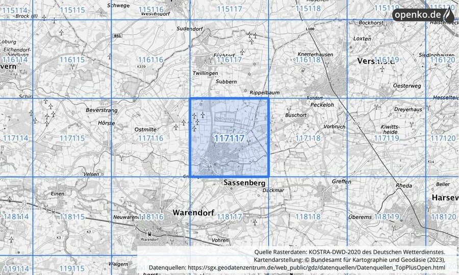 Übersichtskarte des KOSTRA-DWD-2020-Rasterfeldes Nr. 117117