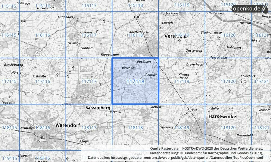 Übersichtskarte des KOSTRA-DWD-2020-Rasterfeldes Nr. 117118