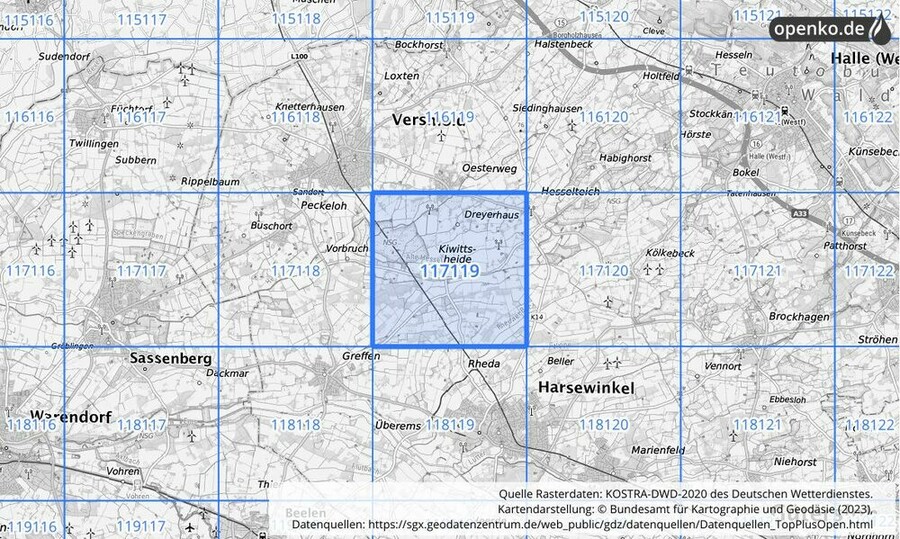 Übersichtskarte des KOSTRA-DWD-2020-Rasterfeldes Nr. 117119