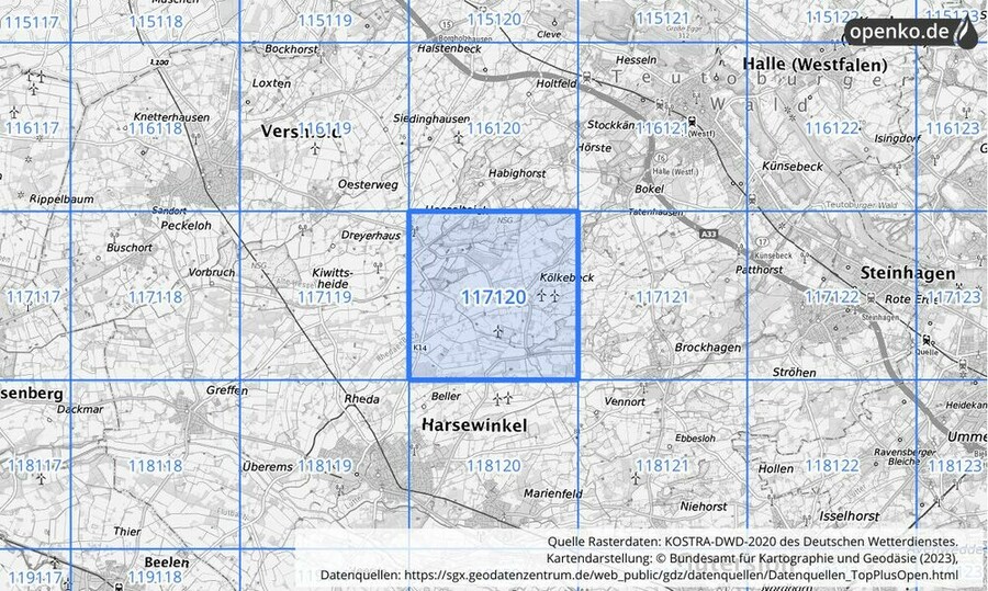 Übersichtskarte des KOSTRA-DWD-2020-Rasterfeldes Nr. 117120