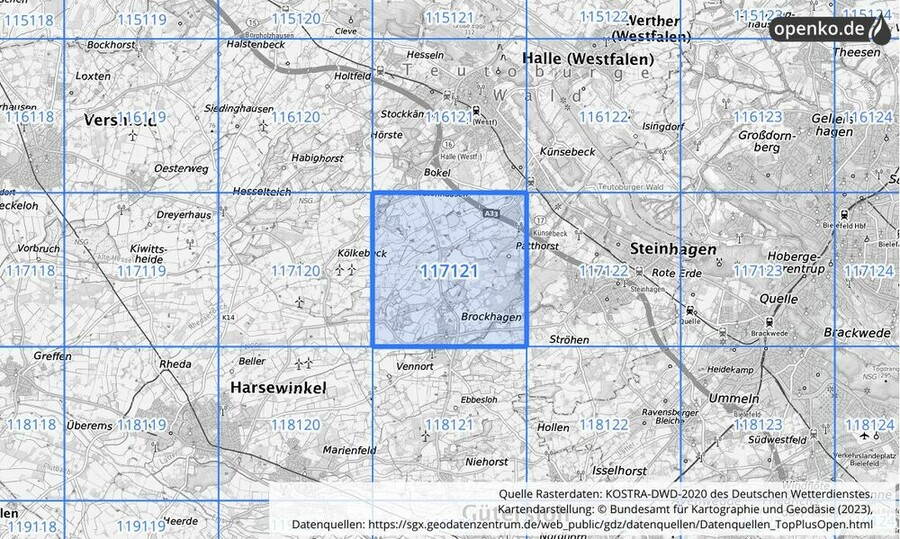 Übersichtskarte des KOSTRA-DWD-2020-Rasterfeldes Nr. 117121