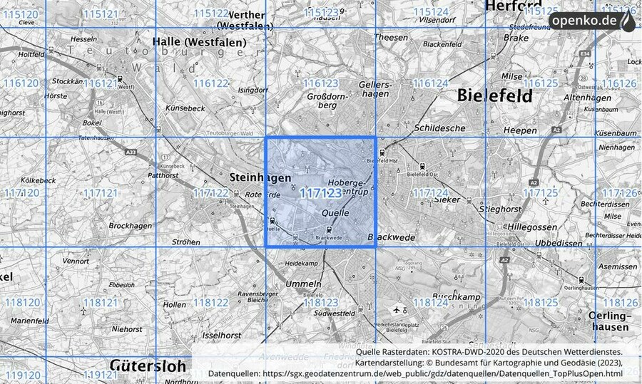 Übersichtskarte des KOSTRA-DWD-2020-Rasterfeldes Nr. 117123