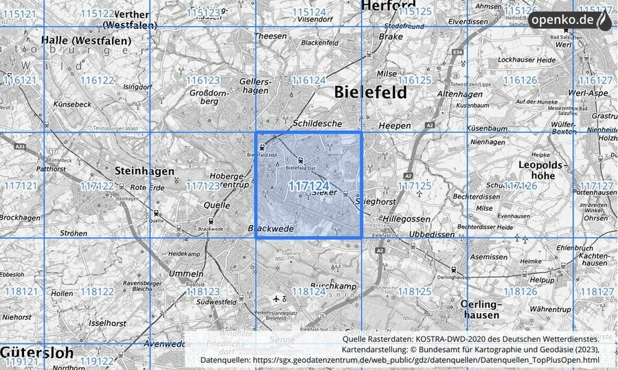 Übersichtskarte des KOSTRA-DWD-2020-Rasterfeldes Nr. 117124